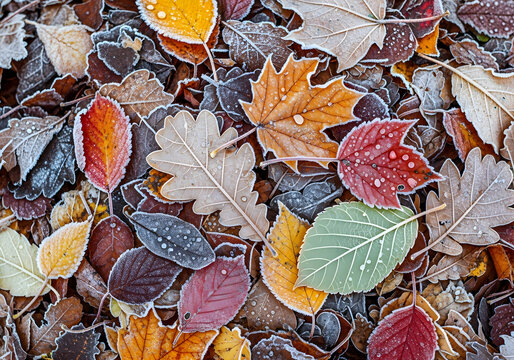 Vibrant autumn leaves with frost detail creating a stunning natural background for fall designs
