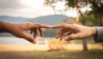 A tender moment of two hands touching tips, symbolizing connection and unity amidst a serene natural setting. The backdrop features a tranquil lake, lush greenery, and soft sunlight