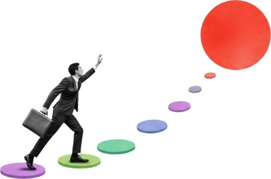 Businessman climbing colored stepping stones towards a large red circle isolate collage art progress
