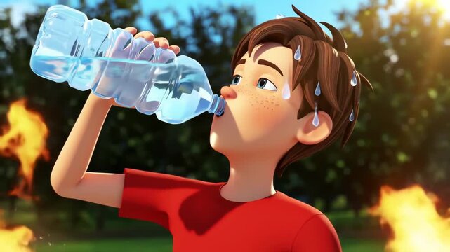 Illustration of a sweaty and thirsty cartoon boy hydrating with a bottle of water during an intense summer heatwave.