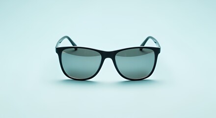 Stylish Black Sunglasses on Light Blue Background