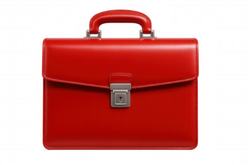 Red leather briefcase featuring a secure metal combination lock, elegantly closed and isolated against a transparent background