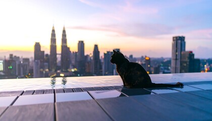 Obraz premium Silhouette cat on rooftop pool overlooking city skyline at sunrise