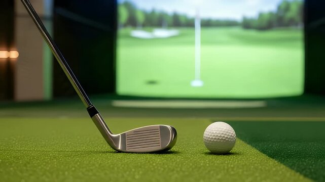 Professional golf club and ball ready for a swing on a vibrant indoor simulator green