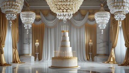 Elegant five tier cake in opulent ballroom ready for unforgettable celebration or luxury event