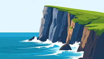 Scenic ocean view featu towe rocky cliffs with green grass and waves crashing against the shoreline under clear blue sky in a dramatic coastal landscape