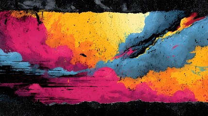 A bold and dynamic abstract landscape painting featuring a dramatic colorful sky with swirling clouds and atmospheric lighting