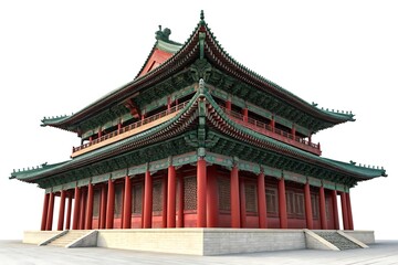 Majestic traditional east asian pagoda architecture with red columns and green roofs