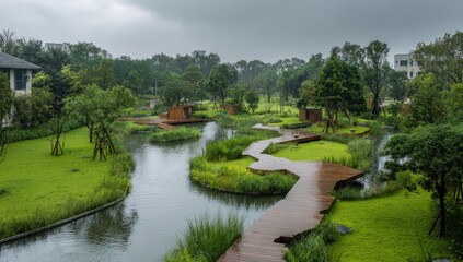 Parkland with winding waterways, wooden walkways, and lush greenery