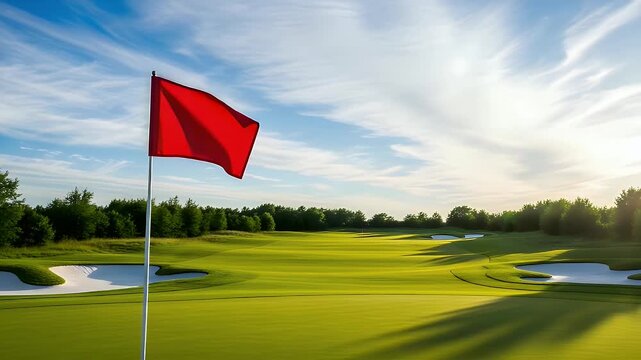 Vibrant golf course with a red flag waving, lush green fairway, and bright blue sky with wispy clouds creating a dynamic sporting scene.