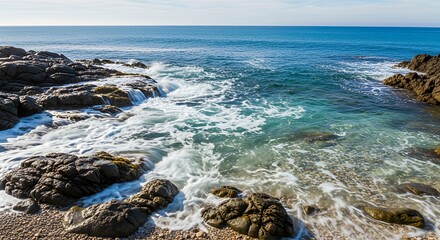 Ocean Waves Crashing on Rocky Shore
