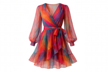 Short colorful transparent dress with v-neck, long sleeves and ruffles featuring a transparent background, perfect for fashion and e-commerce projects