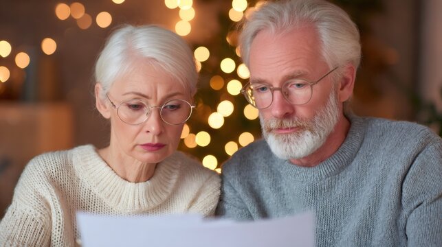 Woman and man reading document with serious expression. Couple analyzing mail and experiencing financial fraud concept.
