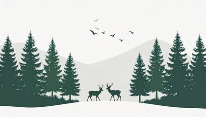 Fototapeta premium Serene forest landscape with tall pine trees mountain background and two majestic deer standing in a quiet snowy scene with flying birds du daytime