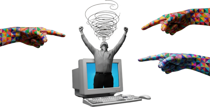 Person erupts from monitor arms raised four geometric patterned hands point inwards collage art computer transparent background