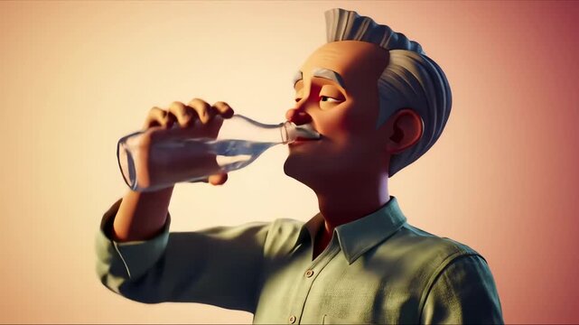 A thirsty cartoon senior man with a mustache quenches his thirst, drinking refreshing water from a glass bottle for optimal hydration.