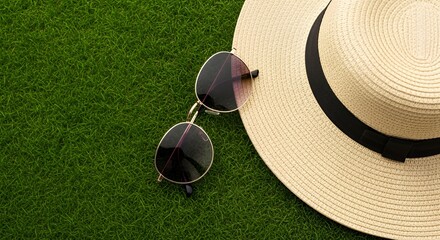 Summer Essentials: Sunglasses and Straw Hat on Green Grass