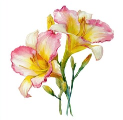 Two delicate, pastel-colored lilies, painted in watercolor style, with soft pink and yellow petals