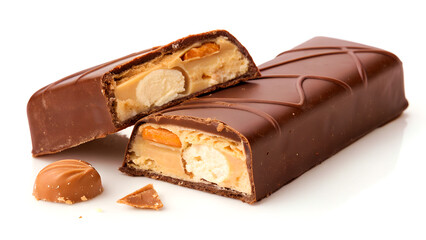 Chocolate bar with nougat broken into two parts on white background
