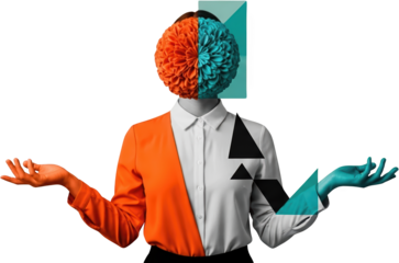 Surreal artistic portrait with flower head geometric shapes contrasting colors and open hands isolate transparent background