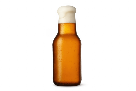 Refreshing beer bottle with overflowing foam on transparent background