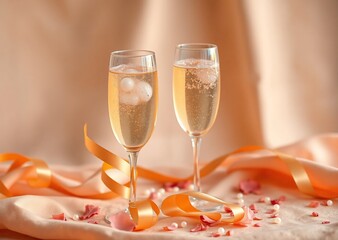 Two champagne flutes filled with sparkling golden liquid, set on elegant fabric with ribbons, pearls, and petals, symbolizing celebration.
