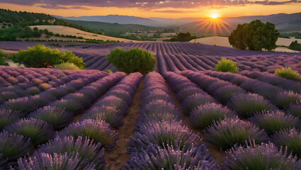 Fototapeta premium Lavender Field Sunset: Rows of vibrant lavender flowers stretch across a sun-kissed landscape, painted with hues of purple and gold, creating a picturesque and idyllic scene.