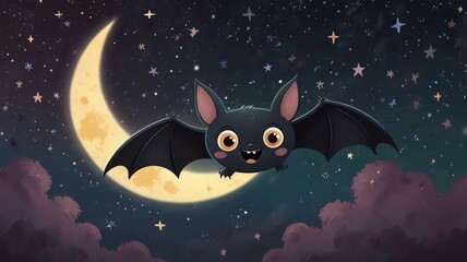 Fototapeta premium Adorable cartoon bat flying against a crescent moon and starry night sky. Perfect for children's books, Halloween, or whimsical designs.