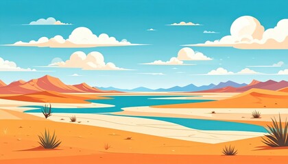 Wide panoramic view of a vibrant desert landscape with winding river, mountain ranges in the background, bright blue sky with fluffy clouds, and sparse vegetation under sunny weather