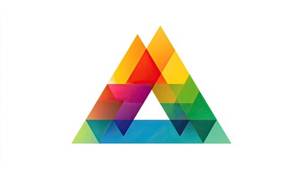 Colorful, overlapping triangles form a stylized, symmetrical, three-dimensional triangle design