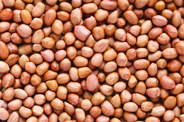 A full frame, closeup shot of raw, shelled peanuts (kacang tanah), with their reddish-brown skin.