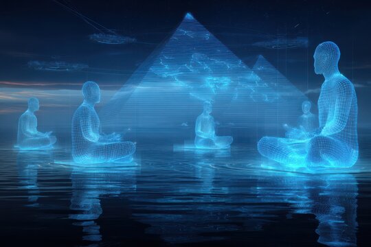 A diverse group of people sitting in a modern room, engaging with a computer screen. They appear to be immersed in a virtual classroom experience in the metaverse.