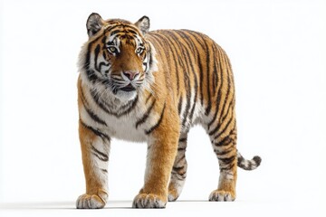 Tiger standing, full body, against white