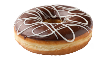 Delicious chocolate glazed donut with white icing drizzle isolated on transparent background