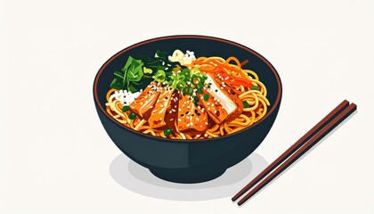 Delicious Asian noodle bowl with grilled chicken, fresh vegetables, chopped green onions, sesame seeds, and noodles served in a black bowl with chopsticks