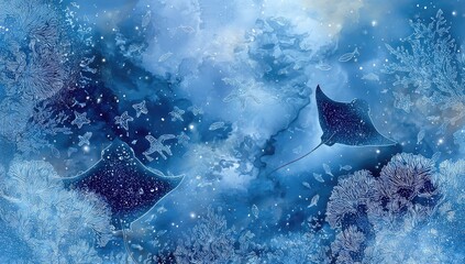 Two stingrays glide through a wintery, starlit underwater scene