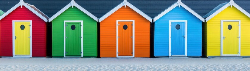 Colorful beach huts in a row with vibrant colors including red green orange blue yellow and white on a clear sunny day