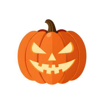 Ilustrasi vektor Halloween, labu oranye dengan wajah seram bercahaya, latar belakang putih minimalis, gaya ikon datar