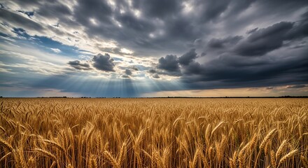 Golden Wheat Field Under Dramatic Sky with Sunbeams Landscape