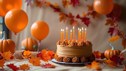 Celebrate autumn birthdays with festive pumpkins, balloons, and a delicious caramel cake adorned with lit candles