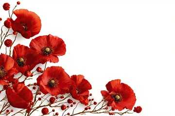 Red poppies in corner arrangement on white background