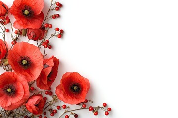 Red poppies and berries in a corner arrangement on white background