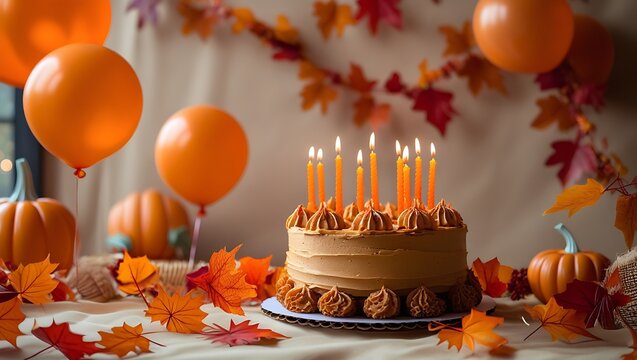 Celebrate autumn birthdays with festive pumpkins, balloons, and a delicious caramel cake adorned with lit candles