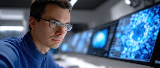 A focused individual analyzes data on multiple screens in a modern workspace, showcasing technology and concentration in a professional environment.