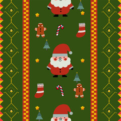 Cute seamless Christmas pattern featuring Santa Claus, gifts, candy canes, gingerbread, and trees on green background in festive colors. Perfect for holiday textiles and wrapping paper.