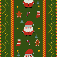 Cute seamless Christmas pattern featuring Santa Claus, gifts, candy canes, gingerbread, and trees on green background in festive colors. Perfect for holiday textiles and wrapping paper.