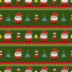 Cute seamless Christmas pattern featuring Santa Claus, gifts, candy canes, gingerbread, and trees on green background in festive colors. Perfect for holiday textiles and wrapping paper.