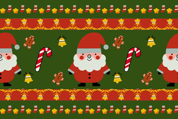 Cute seamless Christmas pattern featuring Santa Claus, gifts, candy canes, gingerbread, and trees on green background in festive colors. Perfect for holiday textiles and wrapping paper.
