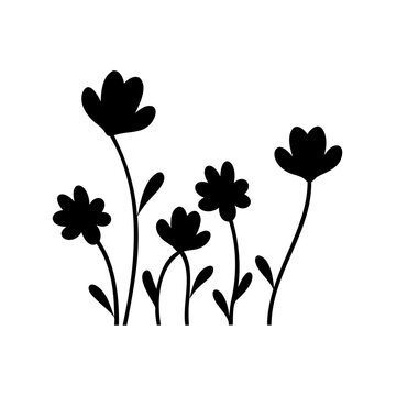 Minimalist black silhouette vector illustration of five simple flowers with rounded petals and thin stems, perfect for spring and nature-themed designs.