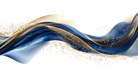 Luxury abstract shiny blue wave with gold on white or transparent background. Design element. Elegant gradient of gold and dark blue. Banner.